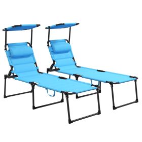 Outsunny 2 Pcs Outdoor Lounge Chair, Adjustable Backrest Folding Chaise Lounge, Cushioned Tanning Chair w/Sunshade Roof & Pillow Headrest for Bea