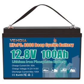 12V 100Ah LiFePO4 Battery, Lithium Battery Built-in 100A BMS 1280Wh, Deep Cycle Battery Up to 12000 Cycle Times, Iron Phosphate Battery for RV, S