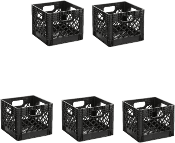 16QT Heavy-Duty Plastic Square Milk Crate Black 5 Pack