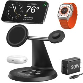 3 In 1 Wireless MagSafe Charging Station For Multiple Devices 30W Adapter Included (Color: Black)