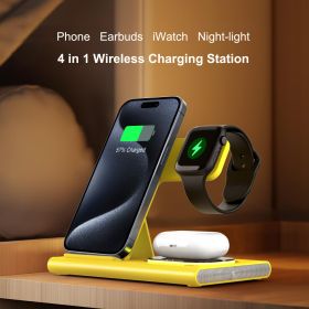 Wireless Charger Station, 4 In 1 Foldable 15W Fast Charging Wireless Charging Station With Night Light For IPods IWatch (Color: Yellow)