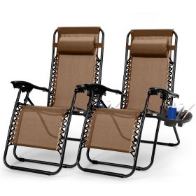 2Packs Zero Gravity Lounge Chair With Dual Side Tray Stress Relief Pillow 330lbs Max Load Per Chair Foldable For Patio Poolside Beach Fedex Shipp (Color: Brown)